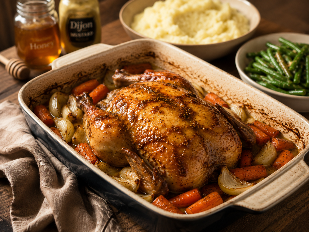 Honey-Dijon Roasted Chicken with Carrots & Pan Gravy