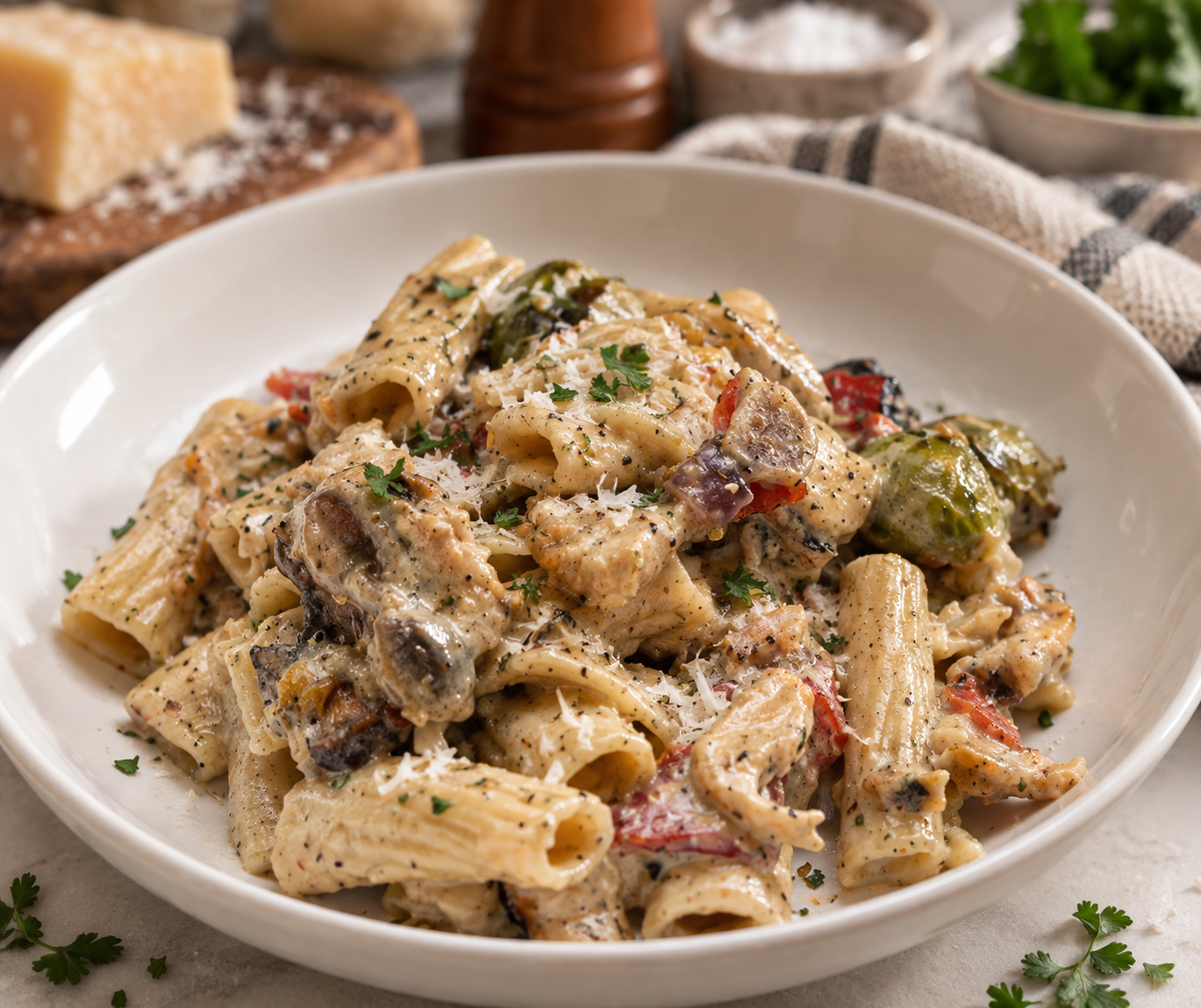Veggie Tortiglioni with Creamy Onion Sauce