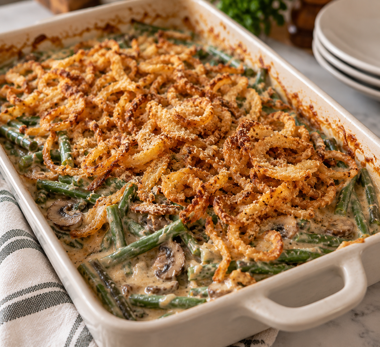 From-Scratch Green Bean Casserole with Crispy Parmesan Onions