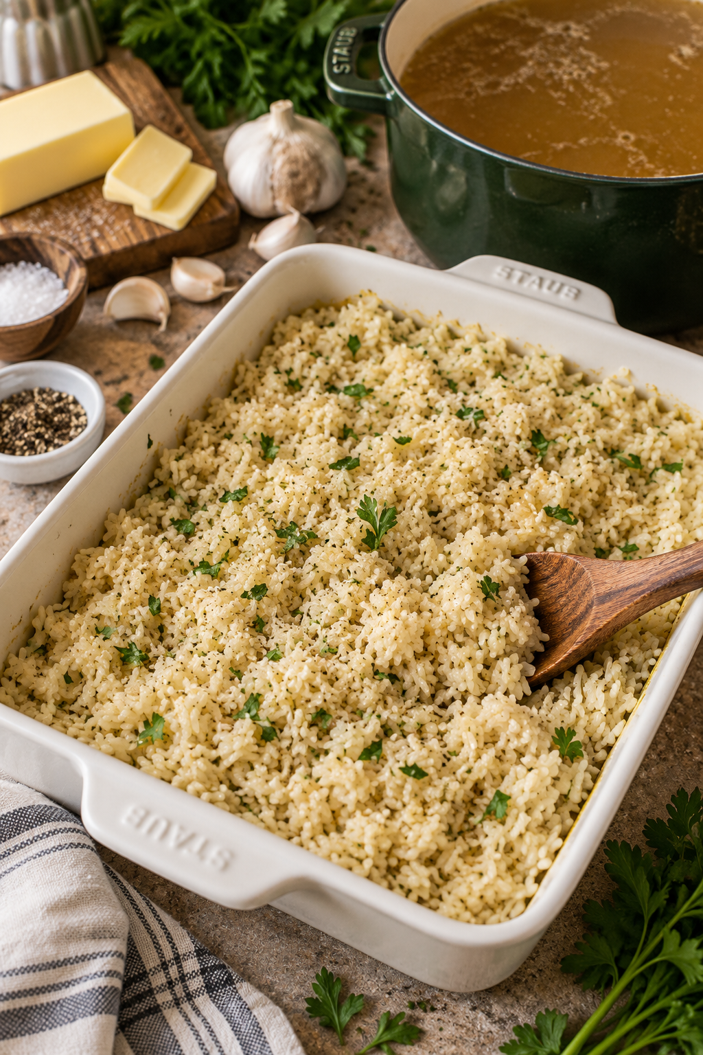 Bone Broth Garlic Butter Baked Rice